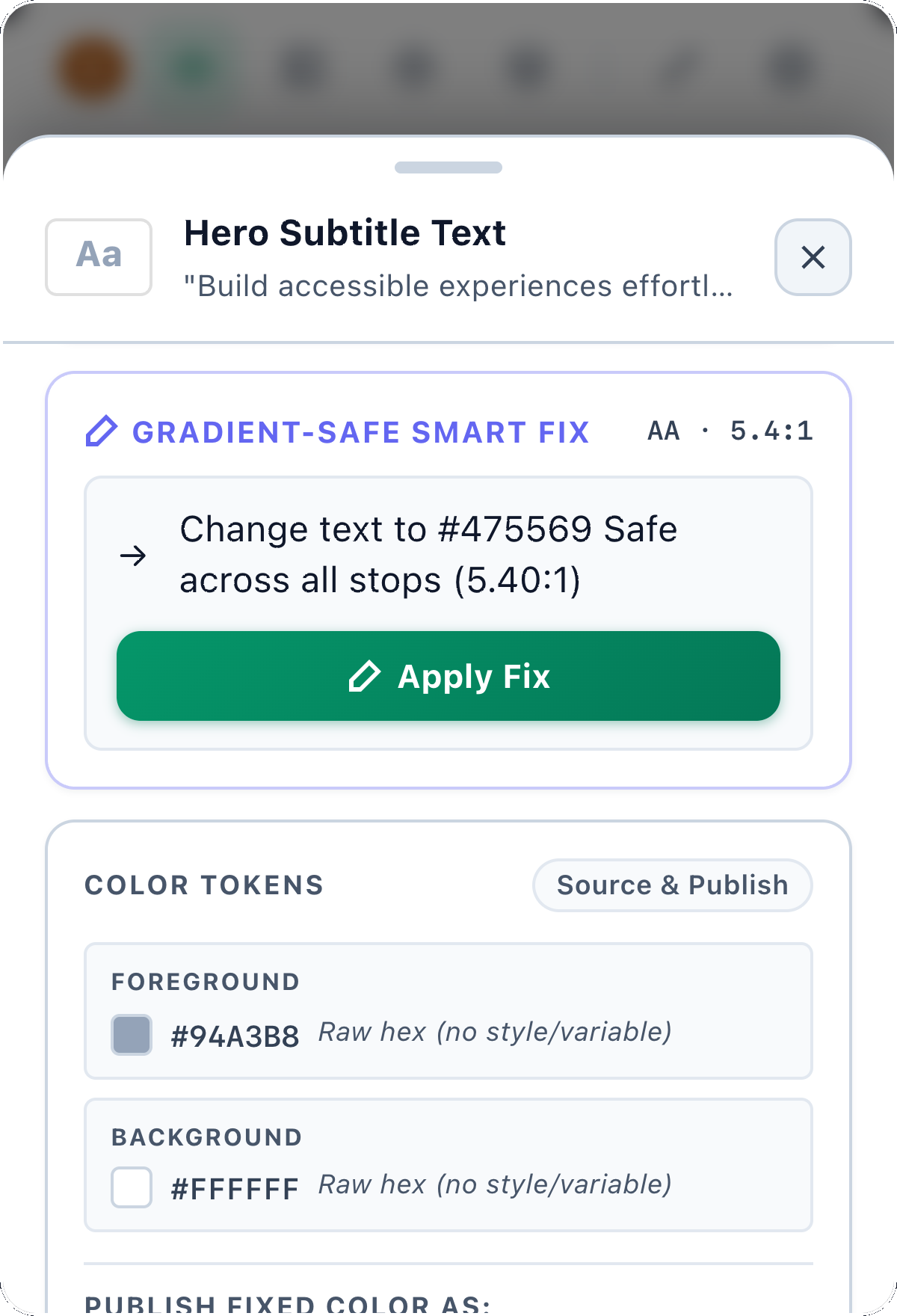 TintSense Smart Fix detail showing a contrast-safe color suggestion